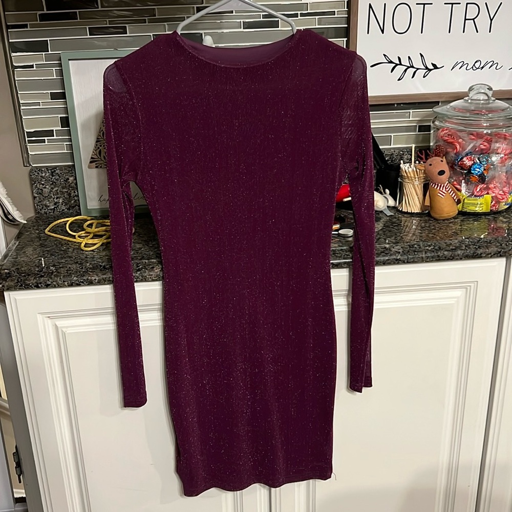 Shimmery plum purple long sleeve mini dress